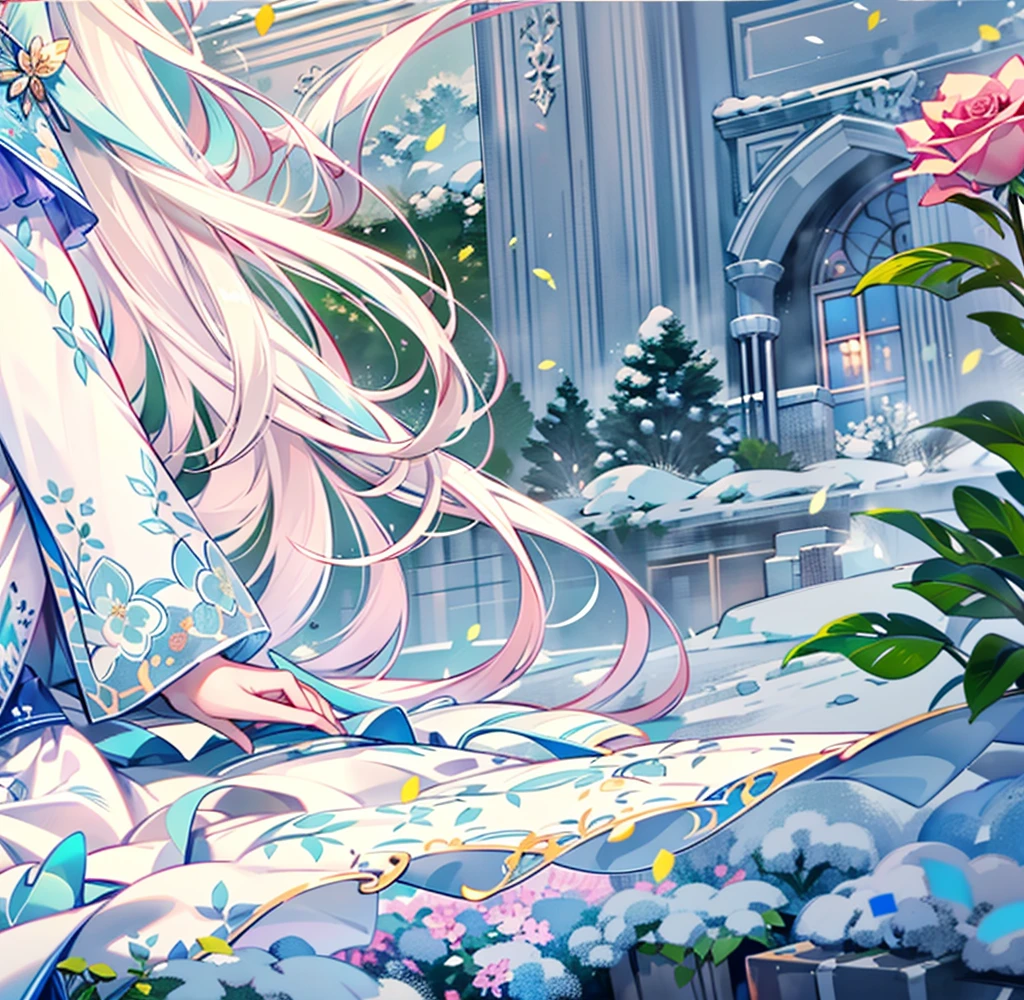 ((best quality，masterpiece，Extremely complex and exquisite details))，White long straight hair，(correct anatomy，Holding hands on the ground)，(Exquisite light blue and white clothing，Beautiful bright and exquisite snow white ancient style high transparent architectural background)，(Rose，Snow，Falling Flowers，Majestic and elegant outdoors)