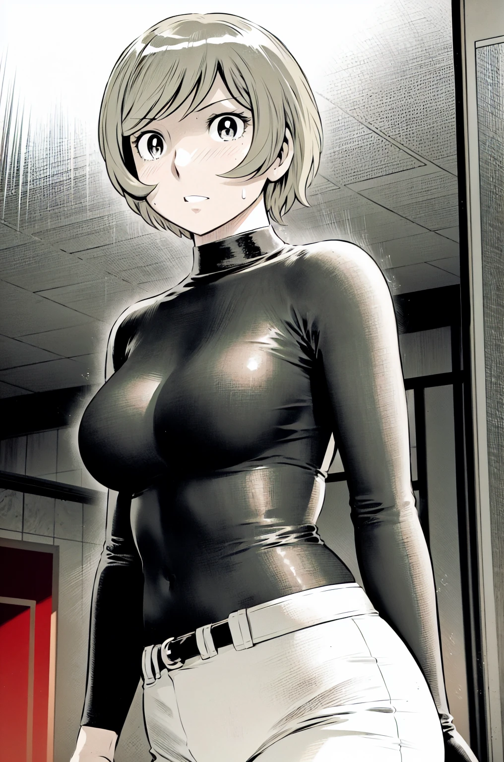 、(masterpiece、Highest quality)、Highest quality, Ultra-high resolution, (((masterpiece))), alone, Sweat、Big eyes,Tight black shirt、Tight white pants、belt、indoor、Composition from the front、（Cut the back hair short、short hair、blonde、woman）、Shortcuts、Embarrassed face、Cut your hair short、可愛いwomanの子、Big Breasts、office