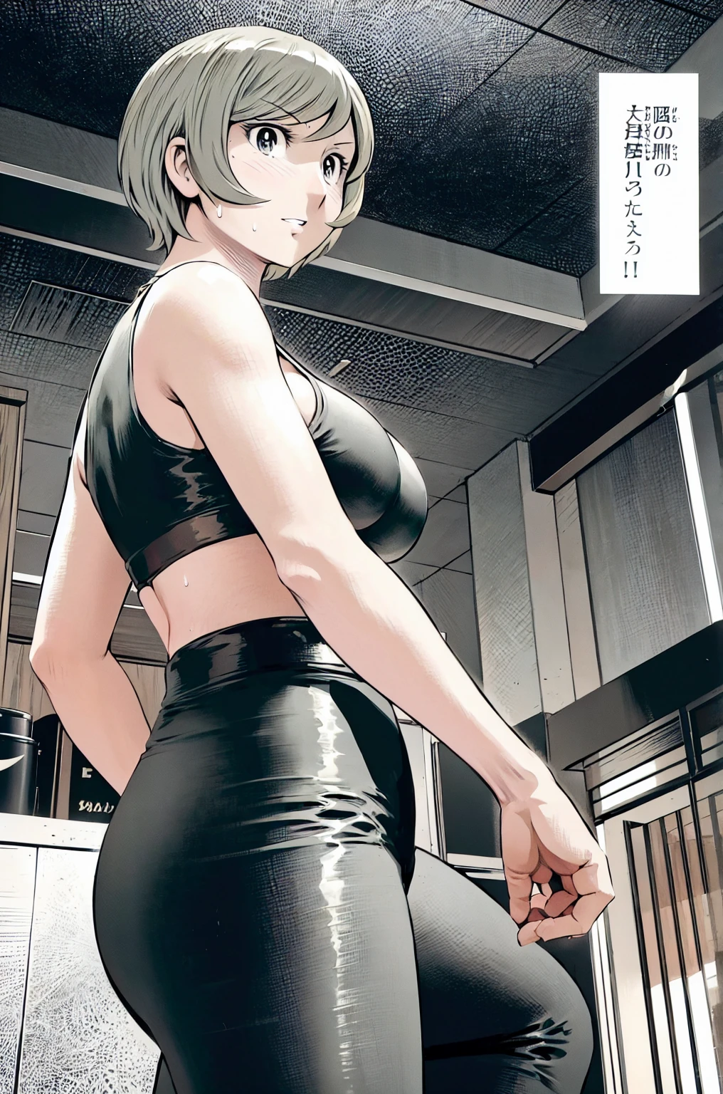 、(masterpiece、Highest quality)、Highest quality, Ultra-high resolution, (((masterpiece))), alone, Sweat、Big eyes,Tight black shirt、Tight white pants、belt、indoor、Composition from the front、(Cut the back hair short、short hair、blonde、woman)、Shortcuts、Embarrassed face、Cut your hair short、可愛いwomanの子、Big Breasts、office