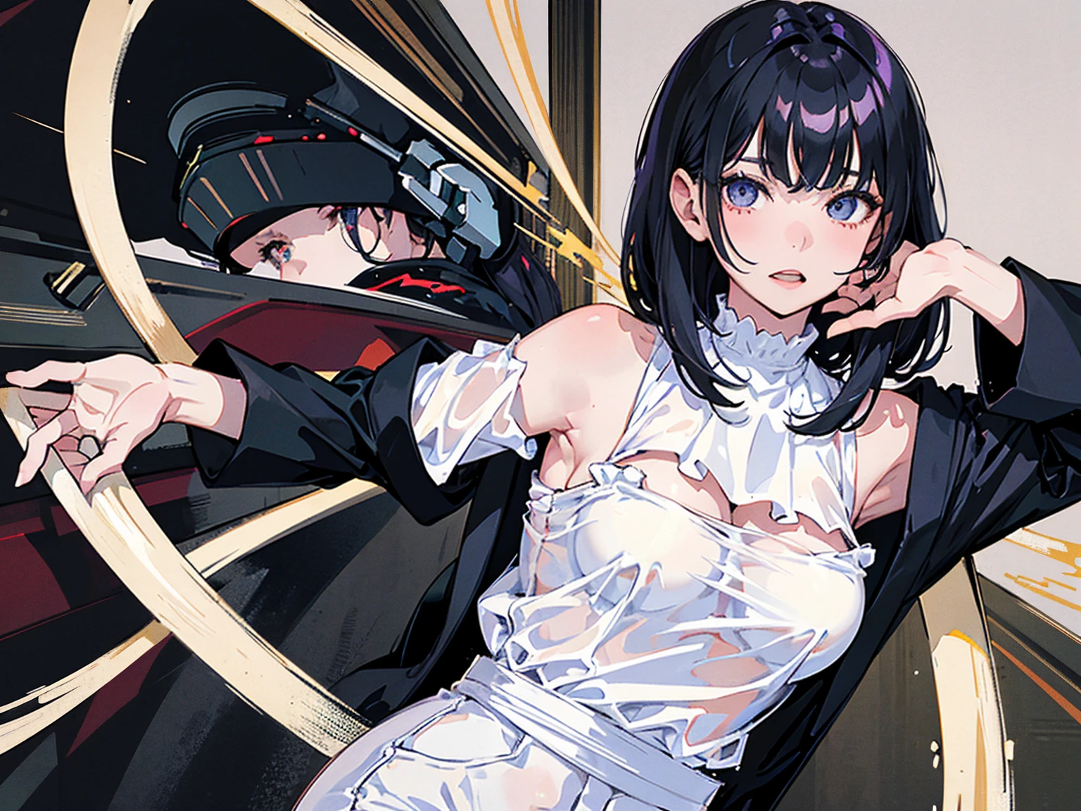 pale, black haired, japanese girl. She has a bob hairstyle. Her expression is cold, she has sharp eyes, Hair is loose, She slightly looks down at you, her torso can be seen, wears a white blouse and tight black jeans