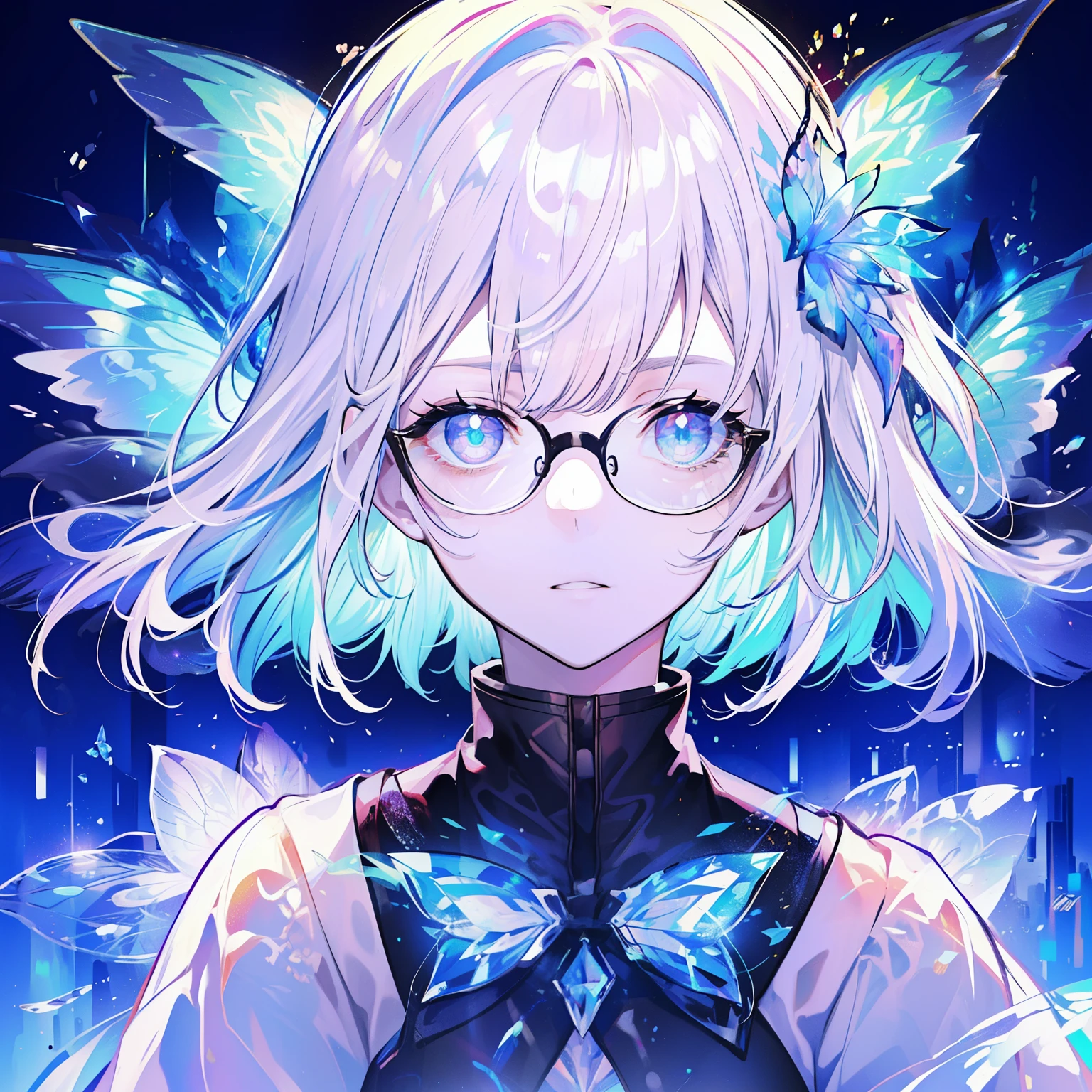 masterpiece, best quality, high detailed, intricate detail, 1 girl ( transparent glassess, black glassess, secductive eyes, glowwing glasses, Gradient translucent glass melt, Irridescent color, Glows in high detail ), simple background