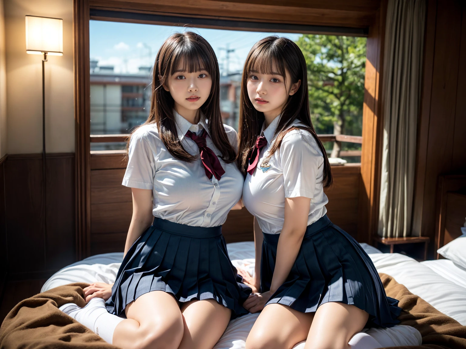 (RAW photo, 4k, masterpiece, high resolution, extremely complex) (realistic: 1.4), cinematic lighting
((2 girls, 2 schoolgirls)),Slam Dunk's,blushing,((innocent)),(Dark makeup),bright eyes,round eyes,blunt bangs,(straight hair:1.3),black hair,large breasts,wide hips,Summer Noon, 20 year old girl、cute type、ta,Hot, (Best Quality), (Highres), (an Extremely Delicate and Beautiful),(Beautiful 8k face),(Brown eyes),short bob hair,( spectators),(gigantic breasts),(Play with each other,Touching each other's bodies,Touching the body),(Japanese high school uniform:1.3),blue skirt,(reality),bright lighting,(The background is a luxury hotel room)