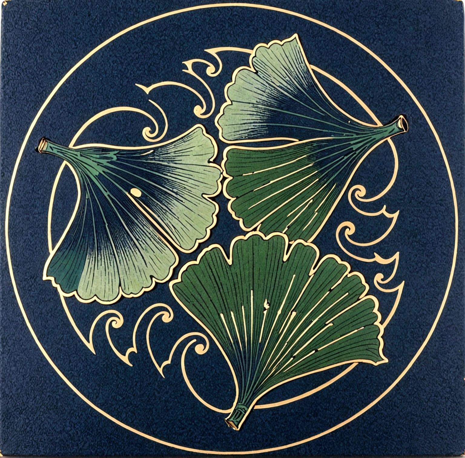 kamon,an indigo-green circle with a leaf pattern in the middle showing 3 equally sized gingko leaves growing towards each other, between which Japanese finger waves reach into the gaps, inspired by Masamitsu Ōta, inspired by Katsushika Ōi, intricate art deco leaf designs, inspired by Shūbun Tenshō, inspiriert von Ogata Kōrin, inspired by Ogata Gekkō, inspired by ernst häckel