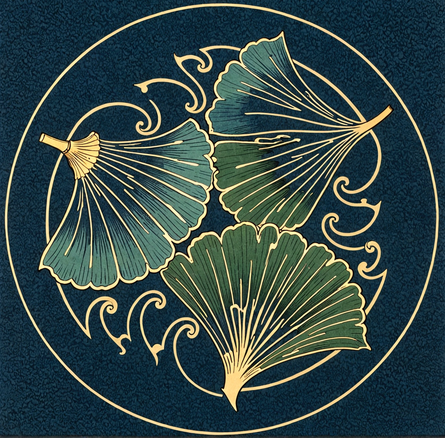 kamon,an indigo-green circle with a leaf pattern in the middle showing 3 equally sized gingko leaves growing towards each other, between which Japanese finger waves reach into the gaps, inspired by Masamitsu Ōta, inspired by Katsushika Ōi, intricate art deco leaf designs, inspired by Shūbun Tenshō, inspiriert von Ogata Kōrin, inspired by Ogata Gekkō, inspired by ernst häckel