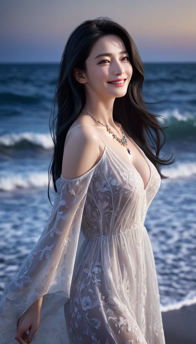 4K resolution,8K resolution,beautiful,Highest quality,Absolutely wonderful,Very detailed,Ultra-high resolution,masterpiece,(Realistic:1.5),(Realistic:1.5),Increased depth of field,Cinematic Light,
One elegant mature woman,
Long black hair,精巧なディテールのbeautiful顔,A face full of compassion,smile,Moist eyes,Transparent white skin,Very sensitive skin,Great proportions,Glamorous Body,Anatomically correct body,
Elegant Summer Beach Dress,Summery design,Gorgeous and detailed pattern,Beautifully detailed pattern,Detailed cloth texture,Gorgeous necklace romantic seaside scenery,Dark night sky,Coastline stretching to the horizon,Deserted beach,Dark sea surface,
Cinematic Angle,