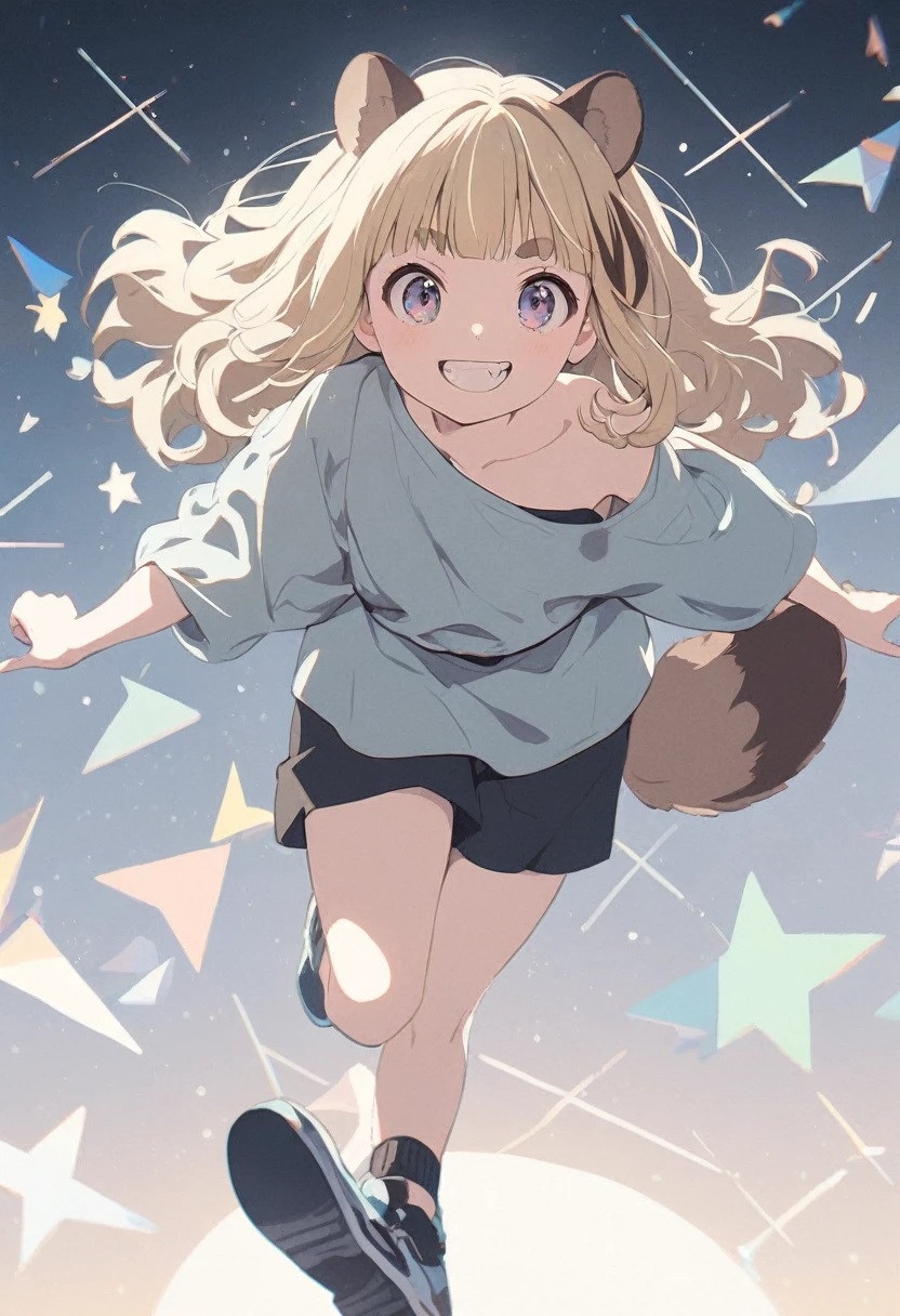 anime,(pale colors:1.8),long shot, 1girl, solo, (on right:1.3), full body, solo, grin, smile, dynamic angle, rushing forward, fang, light yellow hair, racoon ears, racoon tail, (brown streaked hair:1.3), side braid, (blunt bangs), wavy hair,thick eyebrows, offshoulder clothes, star geometry background,