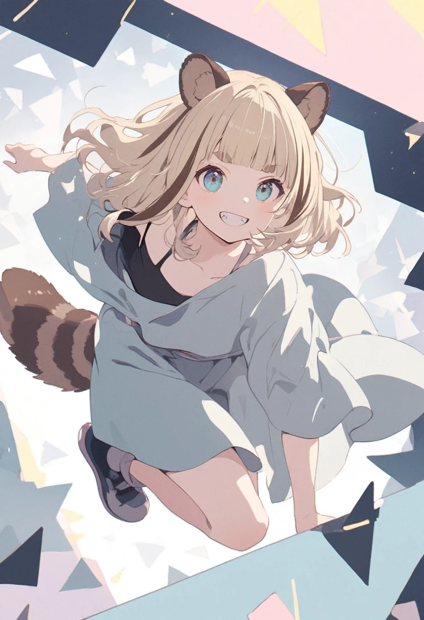 anime,(pale colors:1.8),long shot, 1girl, solo, (on right:1.3), full body, solo, grin, smile, dynamic angle, rushing forward, fang, light yellow hair, racoon ears, racoon tail, (brown streaked hair:1.3), side braid, (blunt bangs), wavy hair,thick eyebrows, offshoulder clothes, star geometry background,