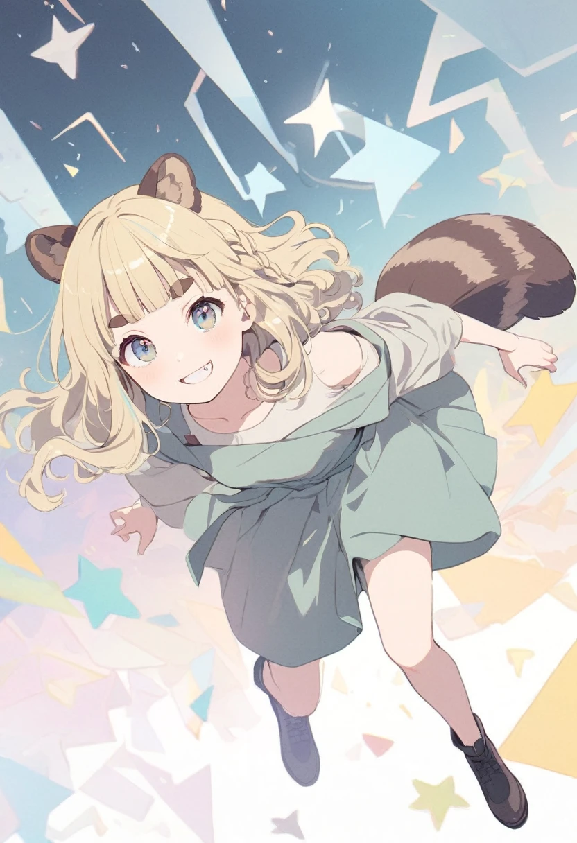 anime,(pale colors:1.8),long shot, 1girl, solo, (on right:1.3), full body, solo, grin, smile, dynamic angle, rushing forward, fang, light yellow hair, racoon ears, racoon tail, (brown streaked hair:1.3), side braid, (blunt bangs), wavy hair,thick eyebrows, offshoulder clothes, star geometry background,