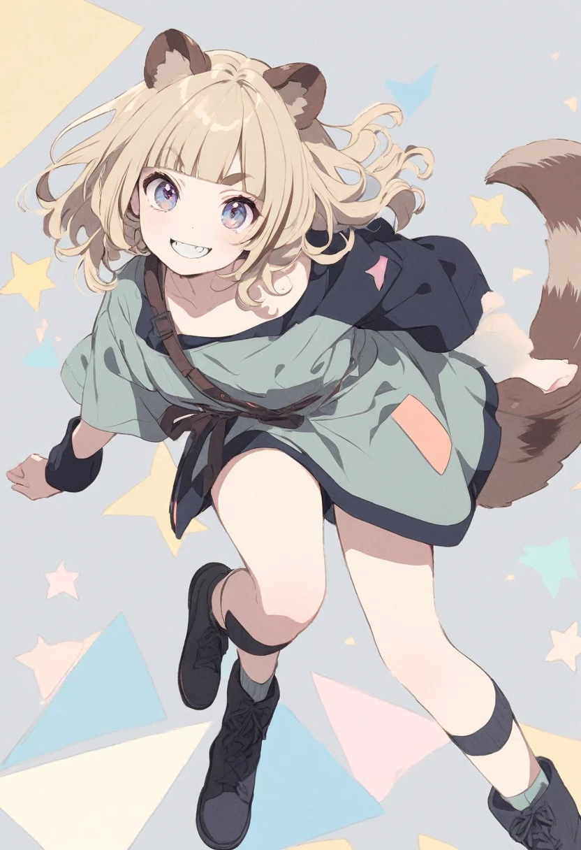 anime,(pale colors:1.8),long shot, 1girl, solo, (on right:1.3), full body, solo, grin, smile, dynamic angle, rushing forward, fang, light yellow hair, racoon ears, racoon tail, (brown streaked hair:1.3), side braid, (blunt bangs), wavy hair,thick eyebrows, offshoulder clothes, star geometry background,