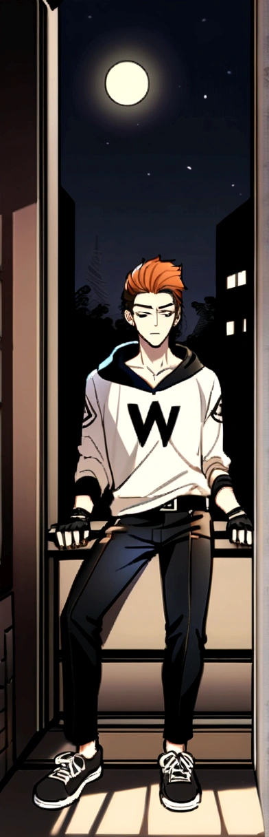 Hwoarang_Tekken, 2boys. Hwoarang, Korean, tall-height, 22-years-old, dark-orange hair, gloves, male focus, fingerless gloves, muscular, black formal suit, white shirt underneath, black necktie, black belt, goggles, goggles on head, black pants, hair slicked back. Miles Chang, teenager boy, short-height, slender, Filipino-Chinese descent heritage, 15-years-old, with black medium messy hair, monolid dark-brown eyes, pale skin tone, wearing a black alan walker hoodie with white alan walker logo design of a letter "A" and "W" combined letters, black pants, black gloves, black converse shoes. full body, Miles hugging his boyfriend Hwoarang, closed-eyes, gay couple, alleyway, moon, night, night, sitting