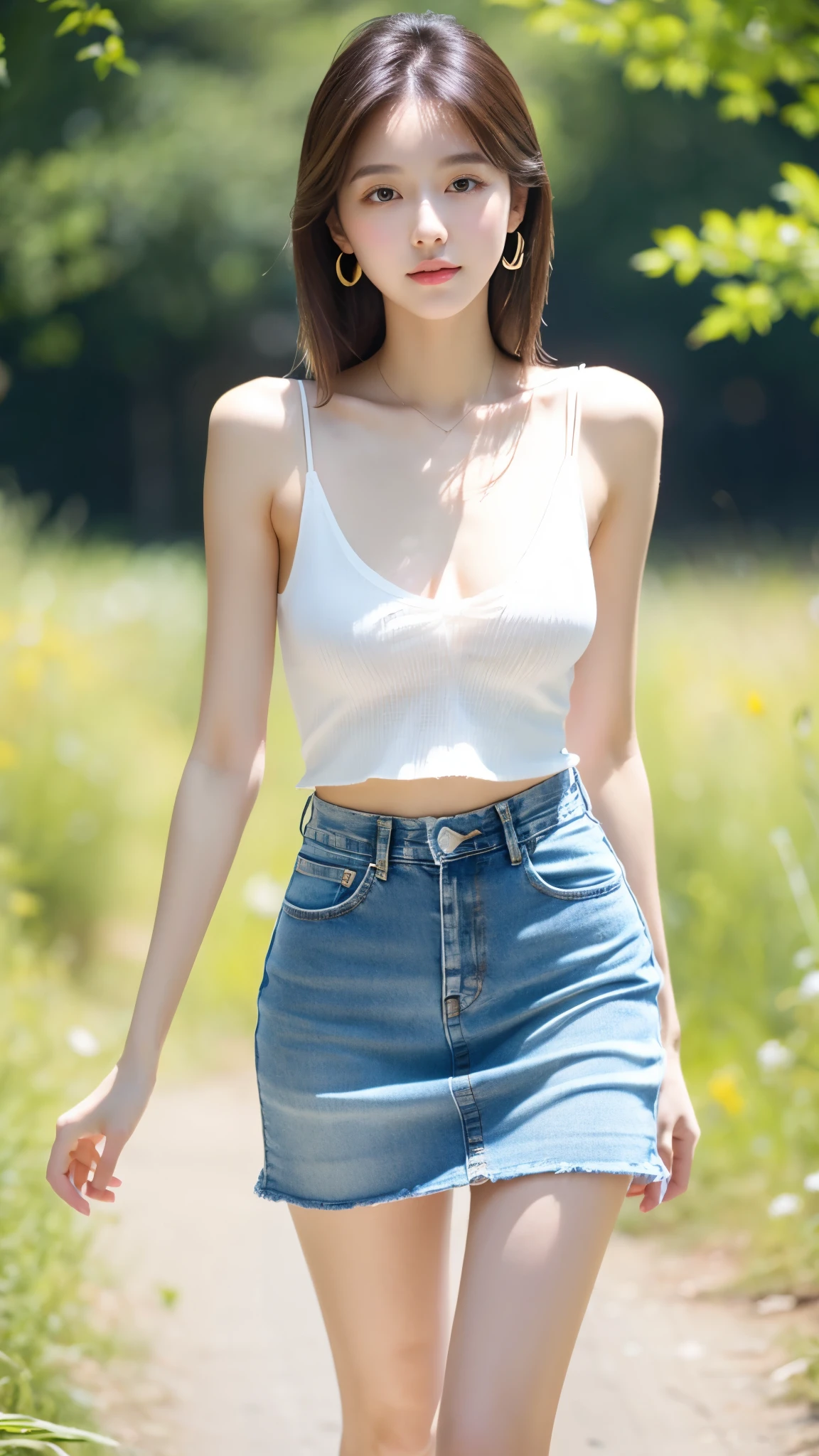 Ultra-clear resolution,Young girl,Shoulder-length hair,Light hair color,Earrings,Clear eyes,No makeup,Lip Gloss,Delicate face,Perfect face,Fair skin,Perfect breasts,Long and slender legs,Denim Mini Skirt,High heel,Empty outdoors