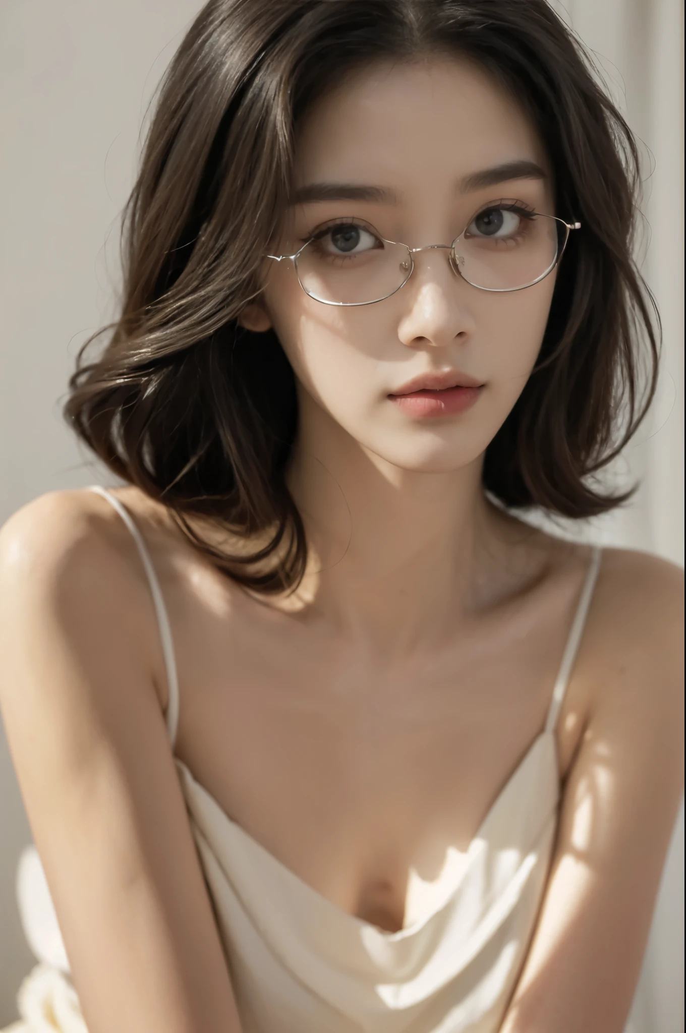 (((best quality))),(((ultra detailed))),(((masterpiece))),illustration,(close-up of face:1.3),((1 beautiful girl,solo)),(shoulder-length straight bob hair:1.2),((slim,thin,small breasts,flat chest)),severe myopia,(glasses:1.3),halter top,white wall,dim lighting,gaze,delicate collarbone,smooth skin,intellectual air,vision impairment,contrast,hauntingly beautiful,testament to resilience,(darkness:1.3)