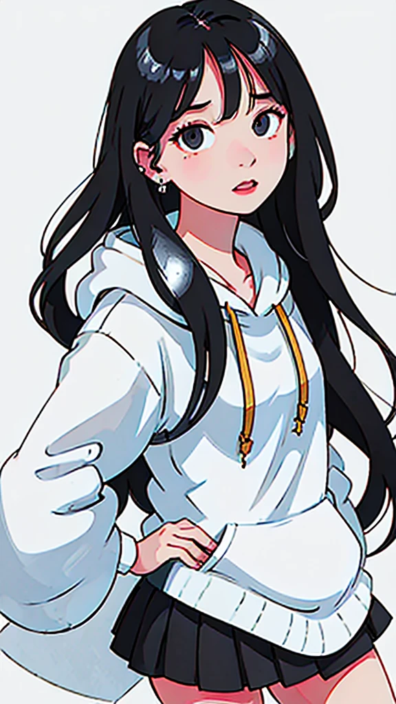 hoodie and skirt, earring, white background, simple background, blank background, black hair, long hair,
