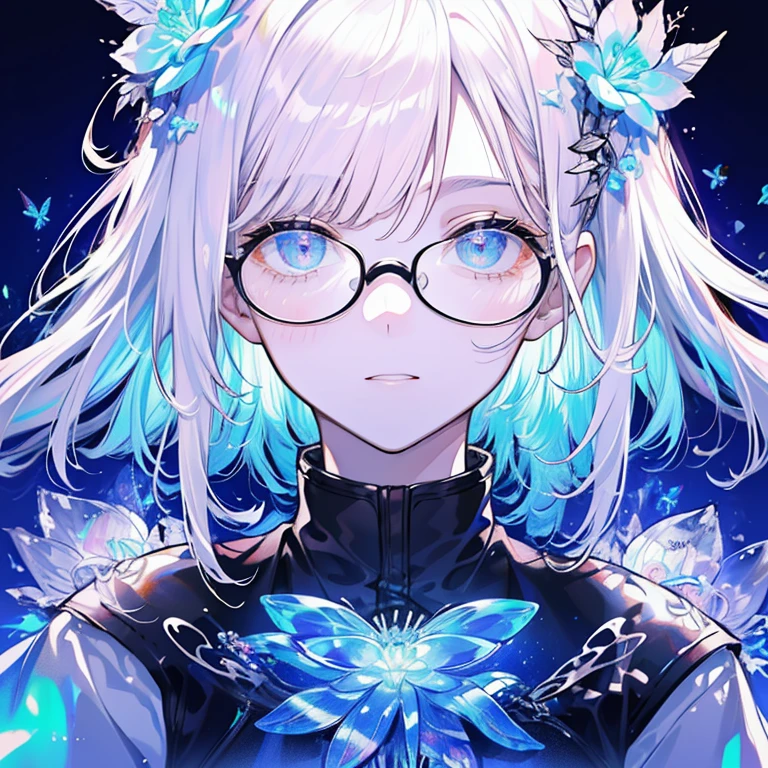 masterpiece, best quality, high detailed, intricate detail, 1 girl ( transparent glassess, black glassess, secductive eyes, glowing glasses, Gradient translucent glass melt,  Irridescent color,  Glows in high detail ), simple background