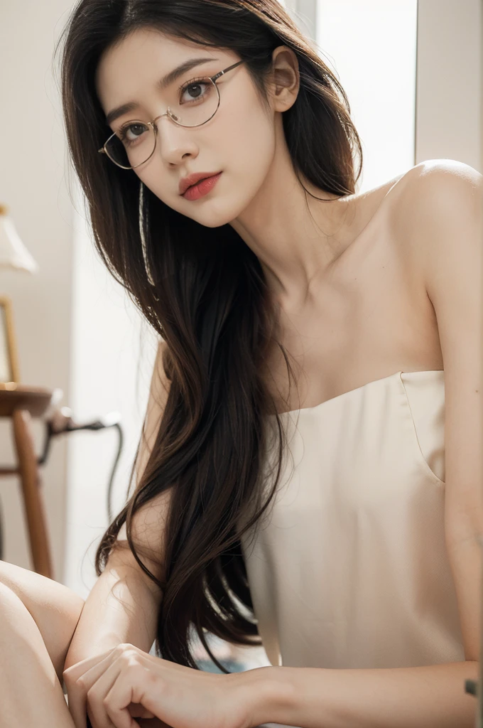 (((best quality))),(((ultra detailed))),(((masterpiece))),illustration,(close-up of face:1.3),((1 beautiful girl,solo)),(shoulder-length straight bob hair:1.2),((slim,thin,small breasts,flat chest)),severe myopia,(glasses:1.3),halter top,white wall,dim lighting,gaze,delicate collarbone,smooth skin,intellectual air,vision impairment,contrast,hauntingly beautiful,testament to resilience,(darkness:1.3)
