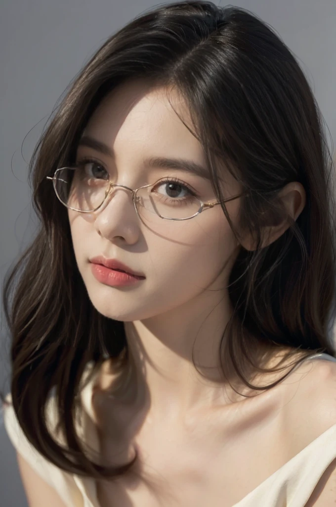 (((best quality))),(((ultra detailed))),(((masterpiece))),illustration,(close-up of face:1.3),((1 beautiful girl,solo)),(shoulder-length straight bob hair:1.2),((slim,thin,small breasts,flat chest)),severe myopia,(glasses:1.3),halter top,white wall,dim lighting,gaze,delicate collarbone,smooth skin,intellectual air,vision impairment,contrast,hauntingly beautiful,testament to resilience,(darkness:1.3)
