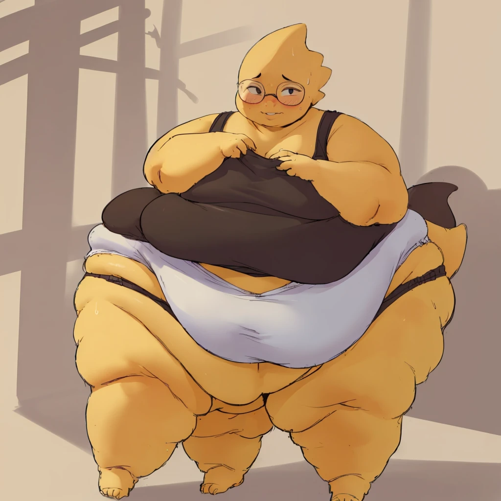 solo, (masterpiece:2), (high quality), (high detail), (natural light), alphys, girl, obese, fat, (fat rolls), standing, wet, sweaty, (big belly, hanging, fat, fat rolls, massive)