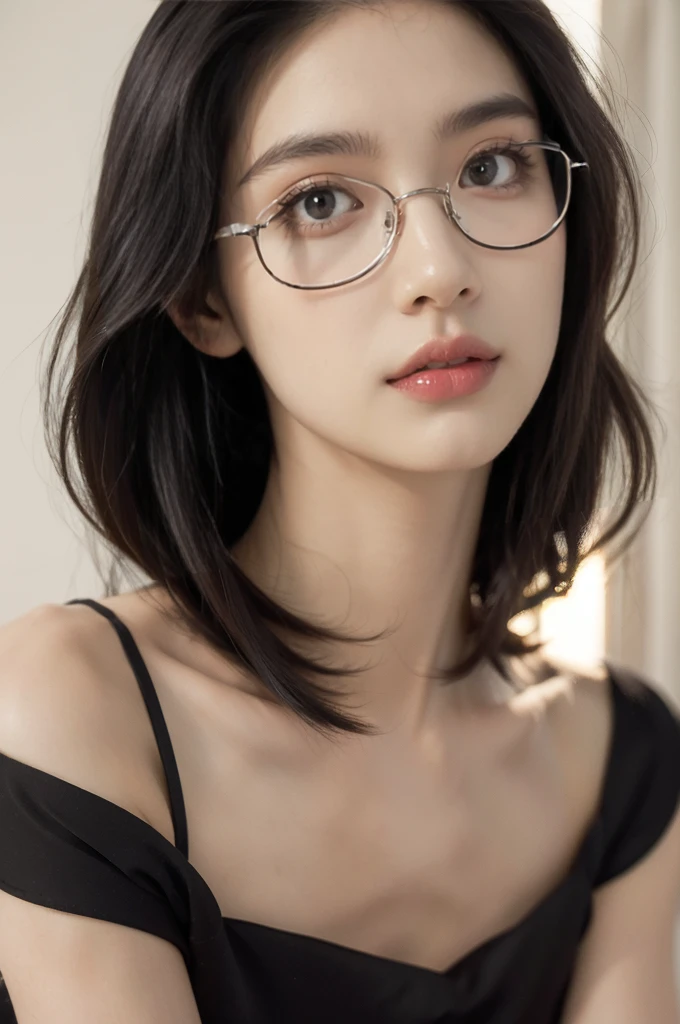 (((best quality))),(((ultra detailed))),(((masterpiece))),illustration,(close-up of face:1.3),((1 beautiful girl,solo)),(shoulder-length straight bob hair:1.2),((slim,thin,small breasts,flat chest)),severe myopia,(glasses:1.3),halter top,white wall,dim lighting,gaze,delicate collarbone,smooth skin,intellectual air,vision impairment,contrast,hauntingly beautiful,testament to resilience,(darkness:1.3)