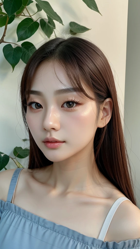 Korean face with siren eyes, small straight nose, wide plumb lips with hazel eyes, small face with v jawline and clear glass pale skin