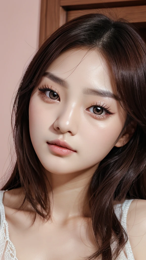 Korean face with  siren eyes, small straight nose, wide plumb lips with hazel eyes, small face with v jawline and clear glass pale skin