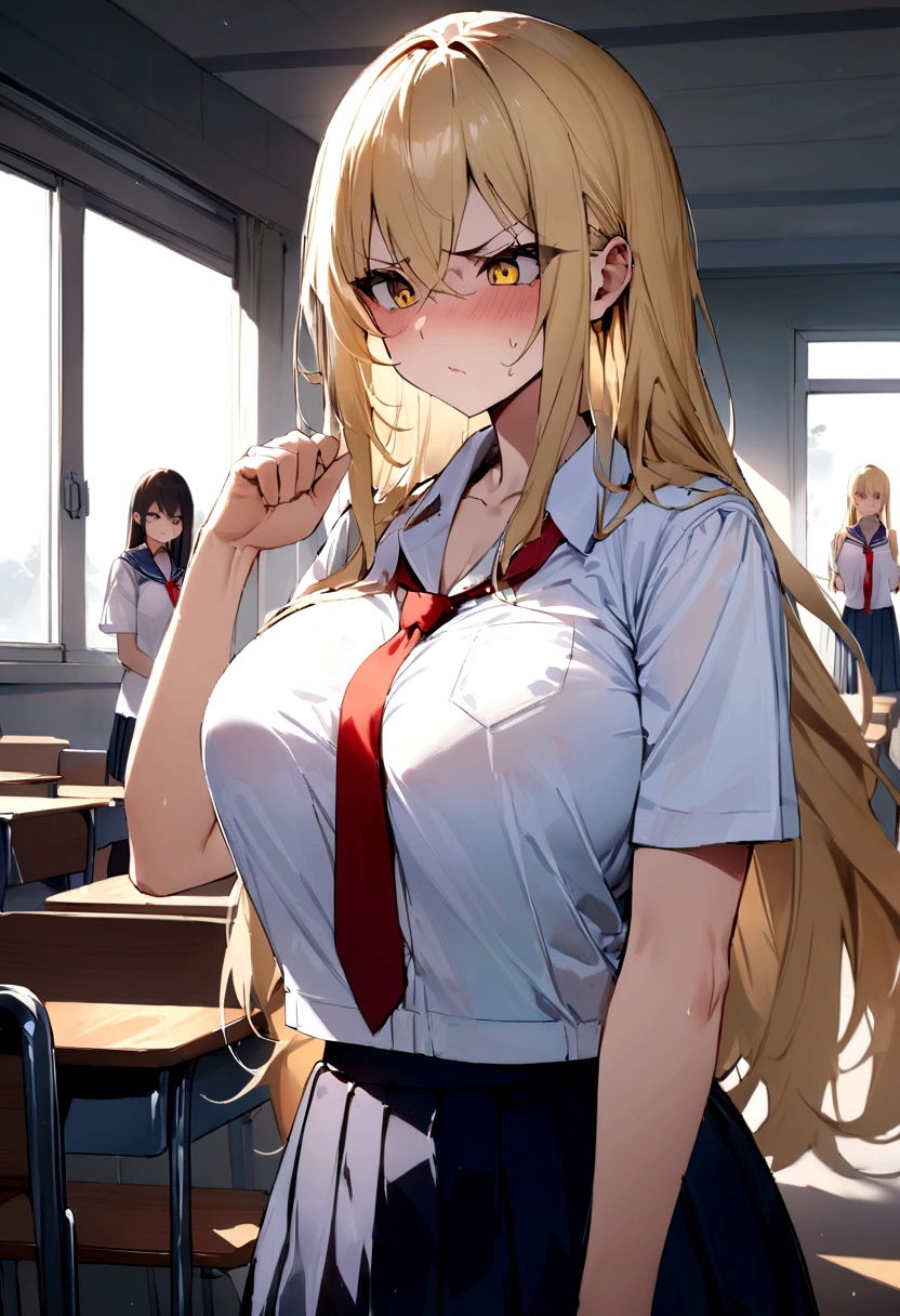 masterpiece、Highest quality、Best image quality、High resolution、Big Breasts、、School-Uniform、Red tie、Summer clothes、Blonde、Yellow Eyes、Long Hair、In the classroom、Angry、Remain silent、An empty classroom