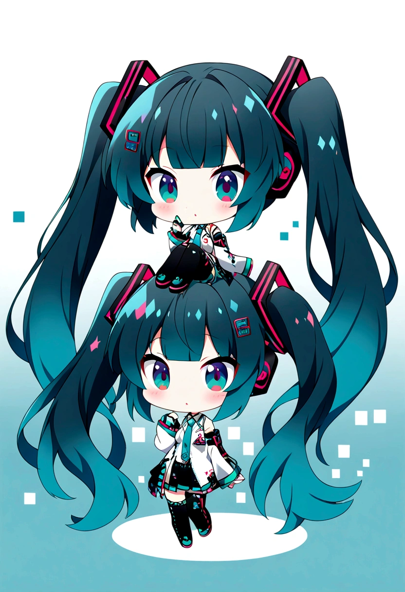 chibi\(style\),whole body、Black Hair、blunt bangs、White shirt、 hatsune miku,1 girl, 2D CG, Advanced digital anime art, anime character、Background white