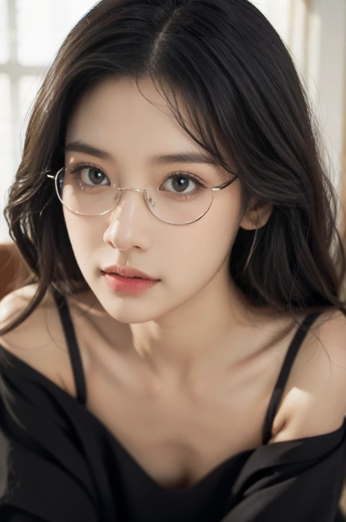 (((best quality))),(((ultra detailed))),(((masterpiece))),illustration,(close-up of face:1.3),((1 beautiful girl,solo)),(shoulder-length straight bob hair:1.2),((slim,thin,small breasts,flat chest)),severe myopia,(glasses:1.3),halter top,white wall,dim lighting,gaze,delicate collarbone,smooth skin,intellectual air,vision impairment,contrast,hauntingly beautiful,testament to resilience,(darkness:1.3)