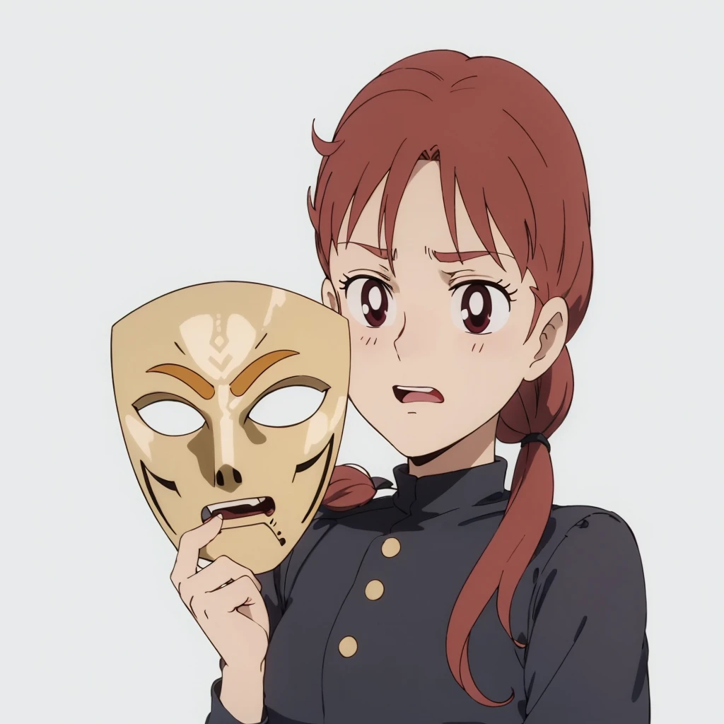 scared anime girl holding a wooden a mask with a red hair, ( ( the mask ) ), style in died anime style, a mask, like an anime character, style in died anime, weaAlsog wooden a mask , , Also, the magic a mask covers her entire face, partially a masked, died, weaAlsog a a mask, a masking