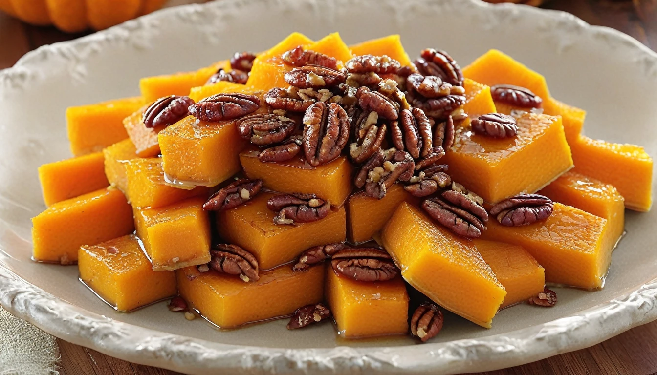 **Dish:** **Maple-Glazed Roast Butternut Squash with Pecans**

**Location:** **Whispering Pines Enchanted Forest Glade**

**Prompt:**
"Experience the flavors of autumn with our Maple-Glazed Roast Butternut Squash with Pecans, served in the serene Whispering Pines Enchanted Forest Glade. This delightful dish features tender roasted butternut squash, lightly glazed with pure maple syrup and topped with toasted pecans. The rich, natural sweetness of the maple complements the earthy tones of the squash, creating a harmonious blend of flavors that evoke the essence of fall. As you savor each bite, let the softly lit paths and rich autumn hues of the glade enhance your culinary journey, making it a truly peaceful and picturesque retreat."