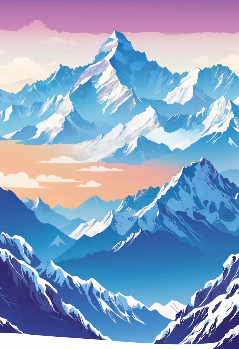 ((high resolution: 1.1))Himalayas,Snowy,The sky is magnificent。Wide panorama,high resolution、High Definition,Cool colors,Flat Wind,Minimalist illustration,Vector。