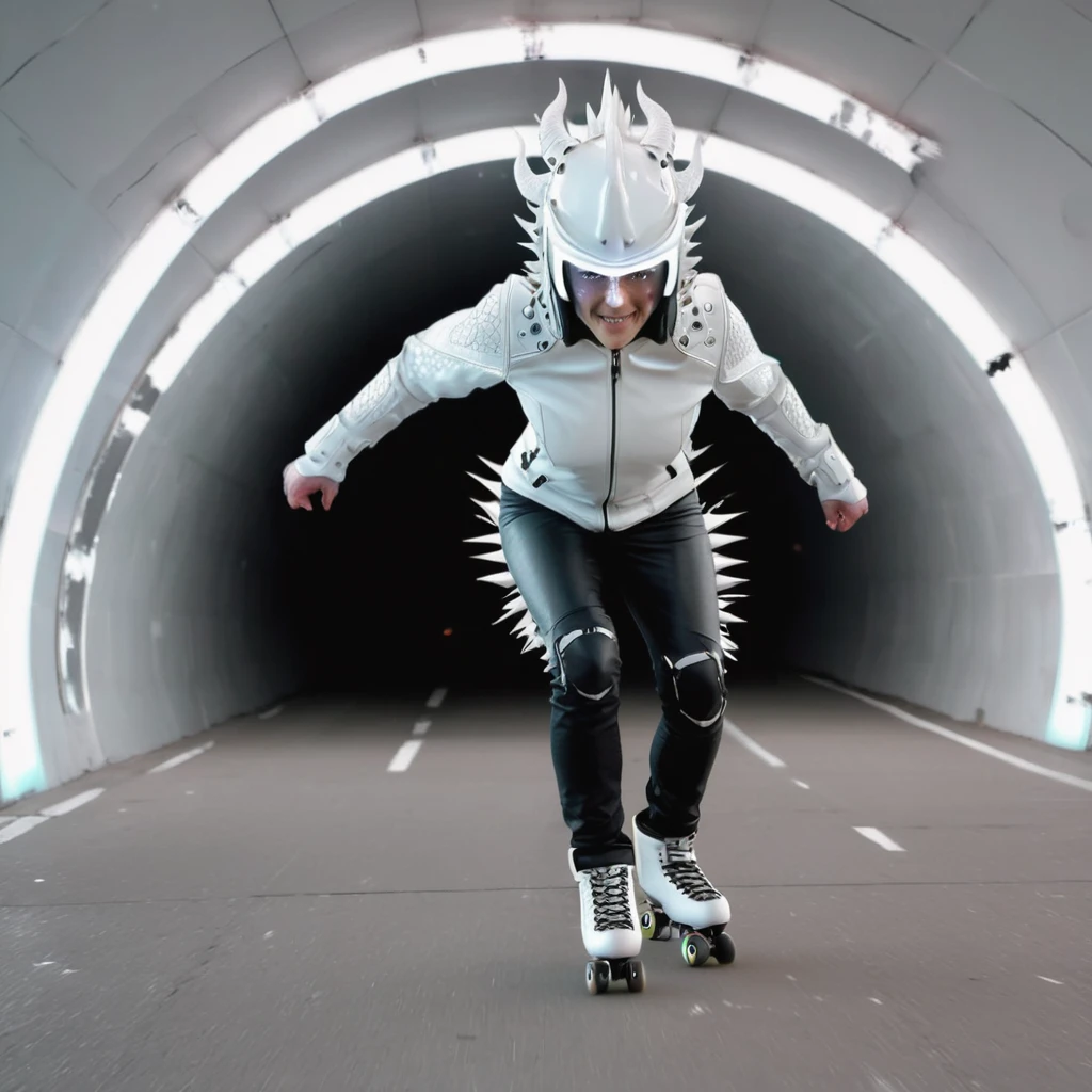 8kwide lens pic of a person with jawline, white glowing eyes, wearing white full dragon warrior helmet half moon design in white glow on forehead,wearing a highly futuristic jacket and black leather jeans with white led lining, wearing a roller skating shoes with spiky wheels and white sparks from wheels, on a white dimensions tunnel, he is sprinting very fast, codes floating, coming out of a white portal inside the tunnel, broken glasses of reality floating, glitch filter.