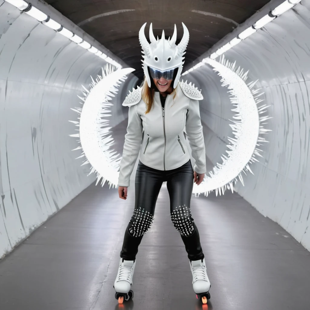 8kwide lens pic of a person with jawline, white glowing eyes, wearing white full dragon warrior helmet half moon design in white glow on forehead,wearing a highly futuristic jacket and black leather jeans with white led lining, wearing a roller skating shoes with spiky wheels and white sparks from wheels, on a white dimensions tunnel, he is sprinting very fast, codes floating, coming out of a white portal inside the tunnel, broken glasses of reality floating, glitch filter.