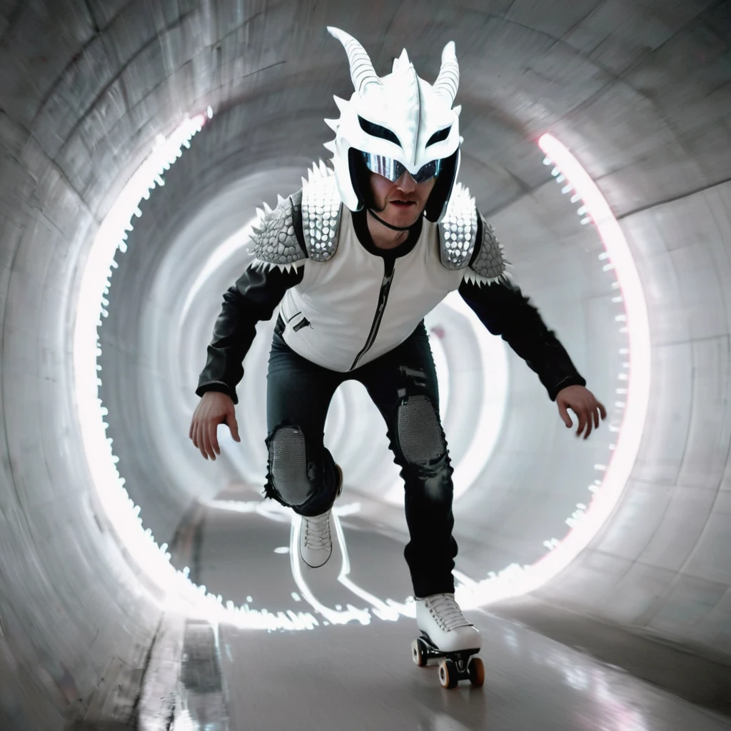 8kwide lens pic of a person with jawline, white glowing eyes, wearing white full dragon warrior helmet half moon design in white glow on forehead,wearing a highly futuristic jacket and black leather jeans with white led lining, wearing a roller skating shoes with spiky wheels and white sparks from wheels, on a white dimensions tunnel, he is sprinting very fast, codes floating, coming out of a white portal inside the tunnel, broken glasses of reality floating, glitch filter.