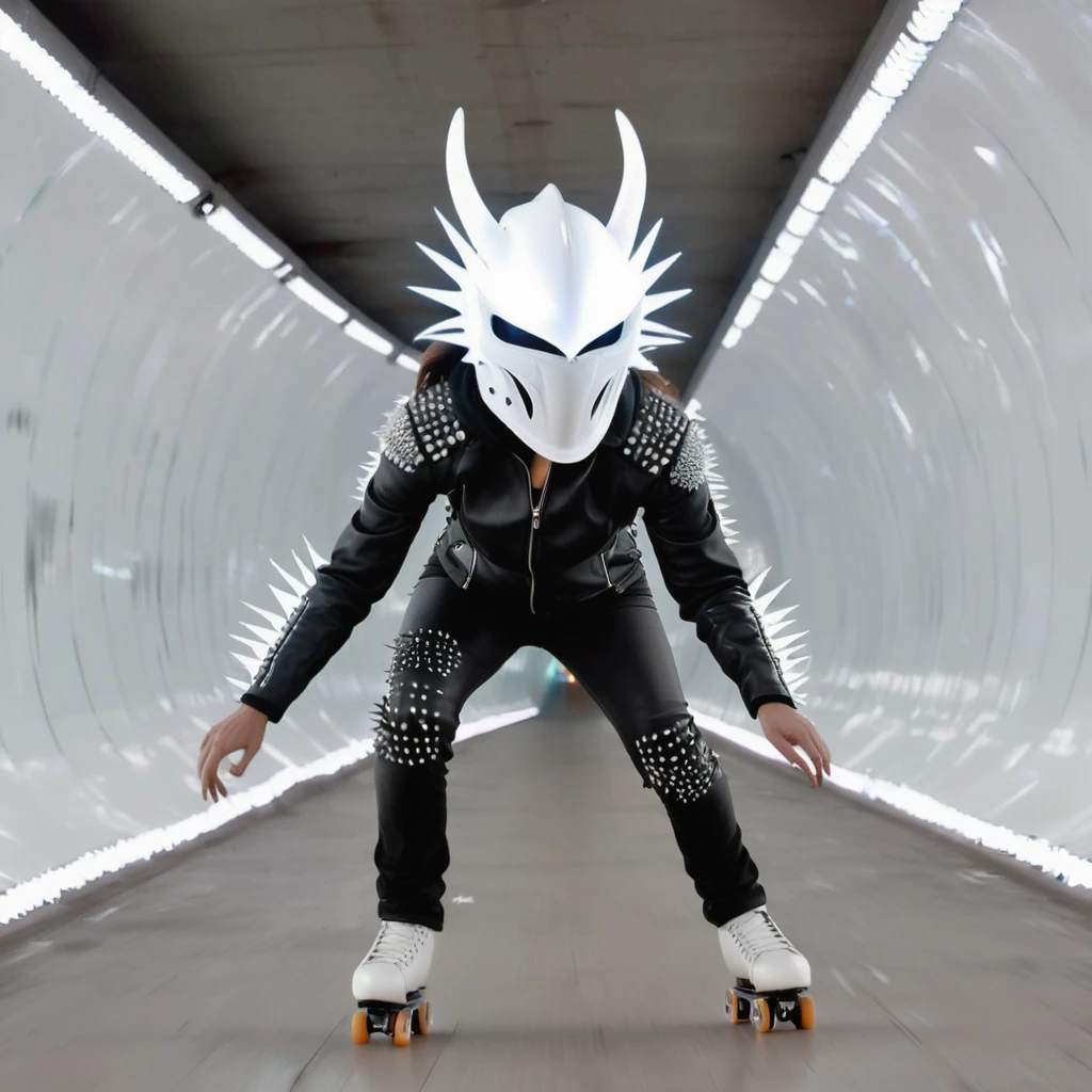 8kwide lens pic of a person with jawline, white glowing eyes, wearing white full dragon warrior helmet half moon design in white glow on forehead,wearing a highly futuristic jacket and black leather jeans with white led lining, wearing a roller skating shoes with spiky wheels and white sparks from wheels, on a white dimensions tunnel, he is sprinting very fast, codes floating, coming out of a white portal inside the tunnel, broken glasses of reality floating, glitch filter.