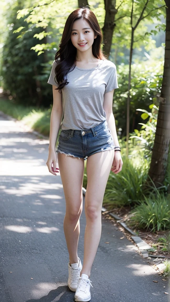 masterpiece, best quality, surreal, Ultra Detailed, 8k resolution, RAW photos, Clear focus, (A girl in the forest), pretty girl, (Casual Hairstyle, plum bossom:1.2), (( ((light gray shirt:1.1)), Short sleeve)),shorts,Wear high-end brand travel shoes, Ultra-thin face, Delicate eyes, Double eyelids,Smile,Full body posture, Solitary, Perfect body, Become a, 32 inches in the chest,32 inches in the chest,(a charming smile:1), (sexy pose),Perfect body,Long hair, Smile's face, Medium breasts, Hair is a bit messy,direct sun light, high resolution, Reality