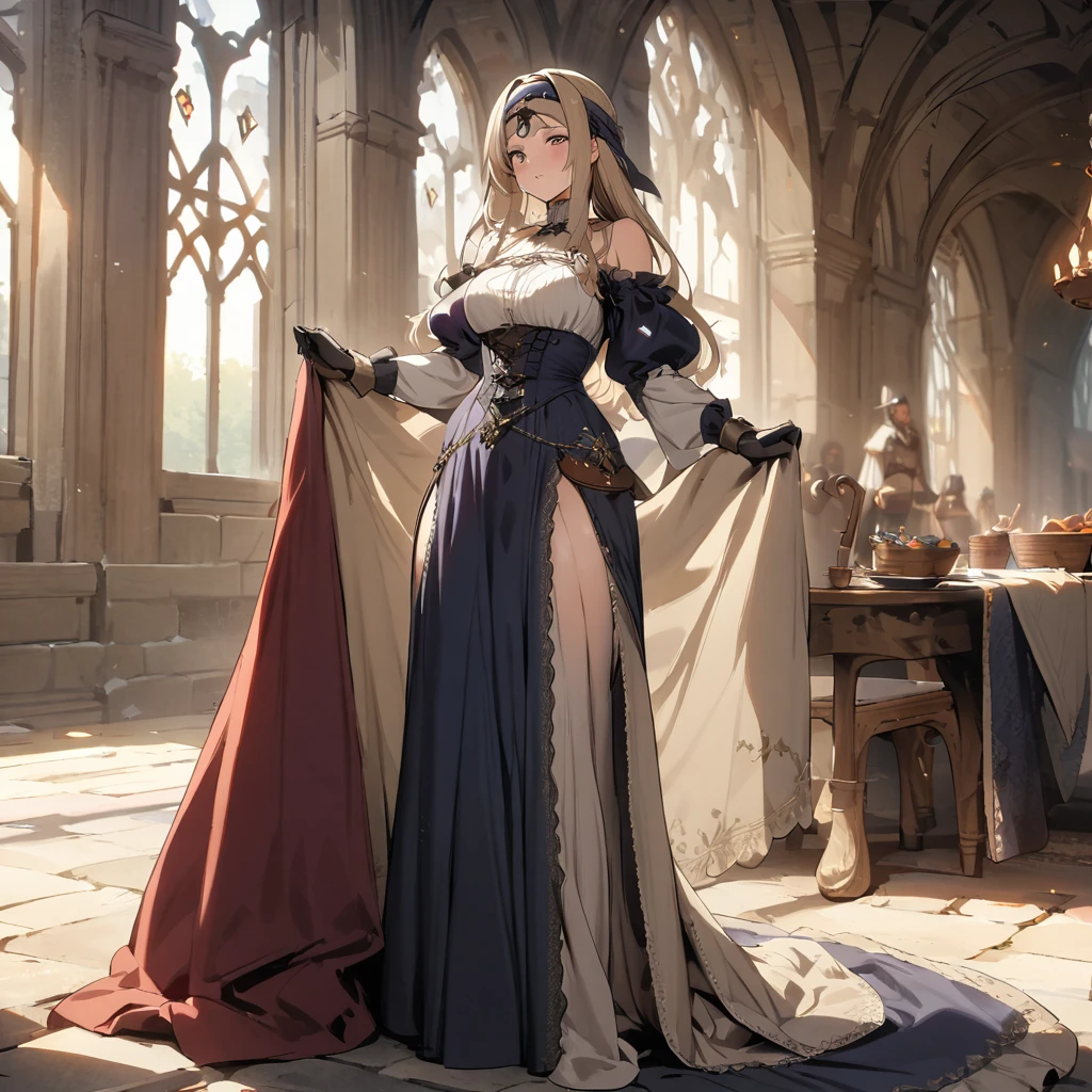 Top quality, masterpiece, medieval European style, upper class, lady, long dress, headband, long gloves