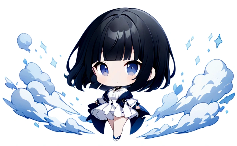 chibi\(style\),whole body、Black Hair、blunt bangs、White shirt,1 girl, 2D CG, Advanced digital anime art, anime character、Background white