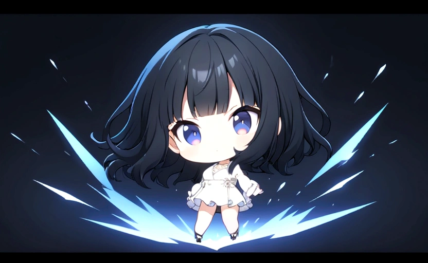 chibi\(style\),whole body、Black Hair、blunt bangs、White shirt,1 girl, 2D CG, Advanced digital anime art, anime character、Background white