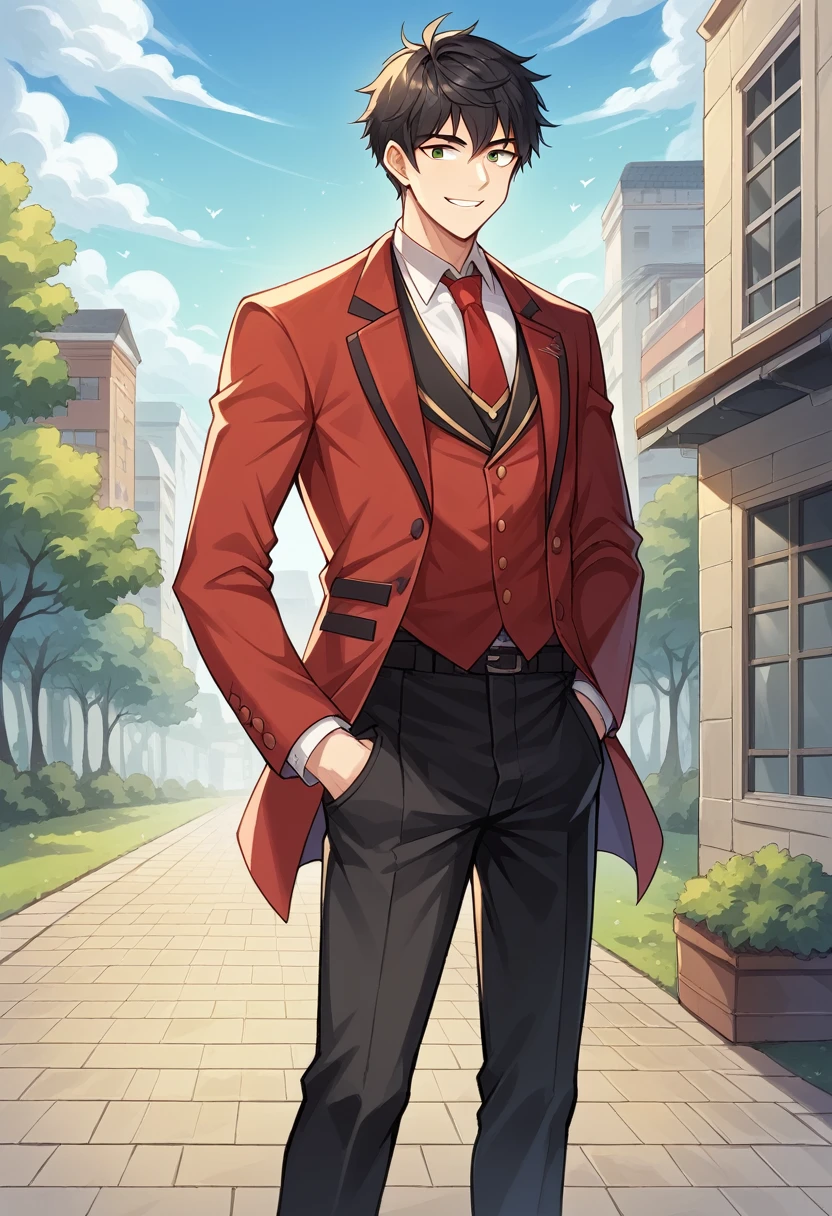 score_9, score_8_superior, score_7_superior, sauce_Anime BREAK 1 Boy, alone, Male Focus, Sen 1 Lian, Black Hair, , Red Blazer, tie, Black trousers, Outdoor, Are standing, Put your hands in your pockets, View your viewers, smile