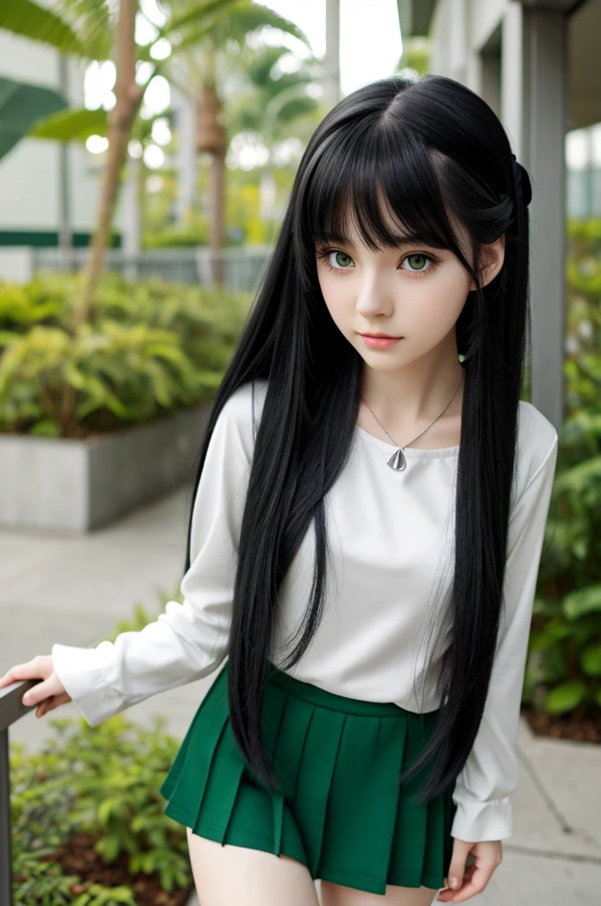 Anime girl with long black hair with emerald eyes and pale skin. Wearing a comfy and yet simple green outfit no skirts and long sleeves with a silver orchid hairclip.