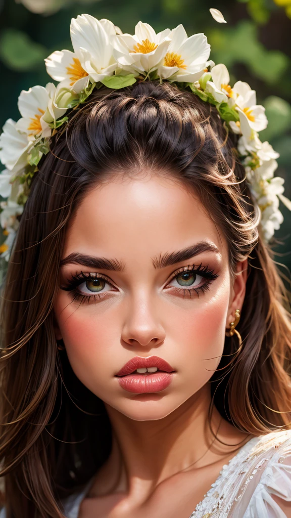 a beautiful young woman, detailed portrait, elegant expression, long flowing hair, intricate detailed face, large expressive eyes, delicate features, pale skin, beautiful detailed lips, serene expression, floral headpiece, flowing white dress, petals swirling around, lush garden background, vibrant colors, warm lighting, cinematic composition, photorealistic, hyperrealistic, 8k, high resolution