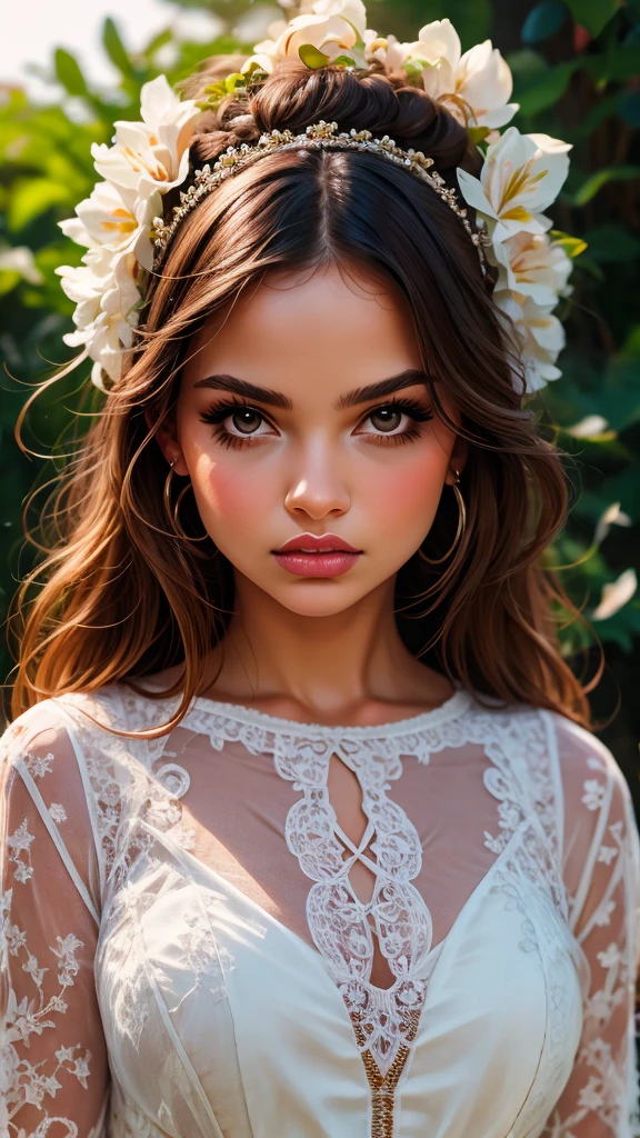 a beautiful young woman, detailed portrait, elegant expression, long flowing hair, intricate detailed face, large expressive eyes, delicate features, pale skin, beautiful detailed lips, serene expression, floral headpiece, flowing white dress, petals swirling around, lush garden background, vibrant colors, warm lighting, cinematic composition, photorealistic, hyperrealistic, 8k, high resolution