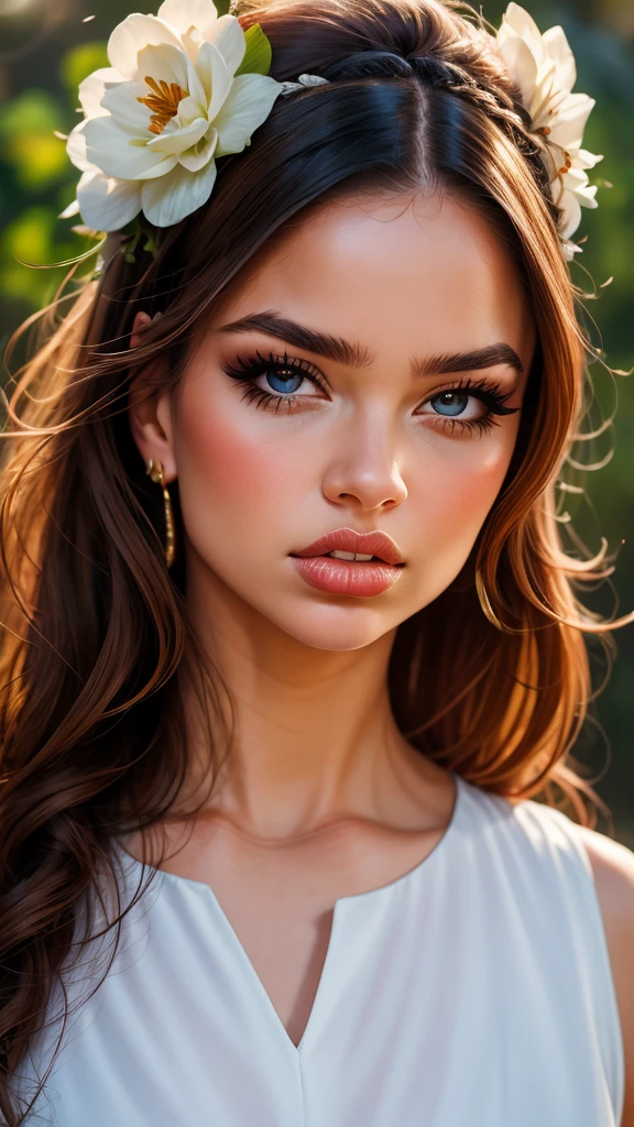 a beautiful young woman, detailed portrait, elegant expression, long flowing hair, intricate detailed face, large expressive eyes, delicate features, pale skin, beautiful detailed lips, serene expression, floral headpiece, flowing white dress, petals swirling around, lush garden background, vibrant colors, warm lighting, cinematic composition, photorealistic, hyperrealistic, 8k, high resolution