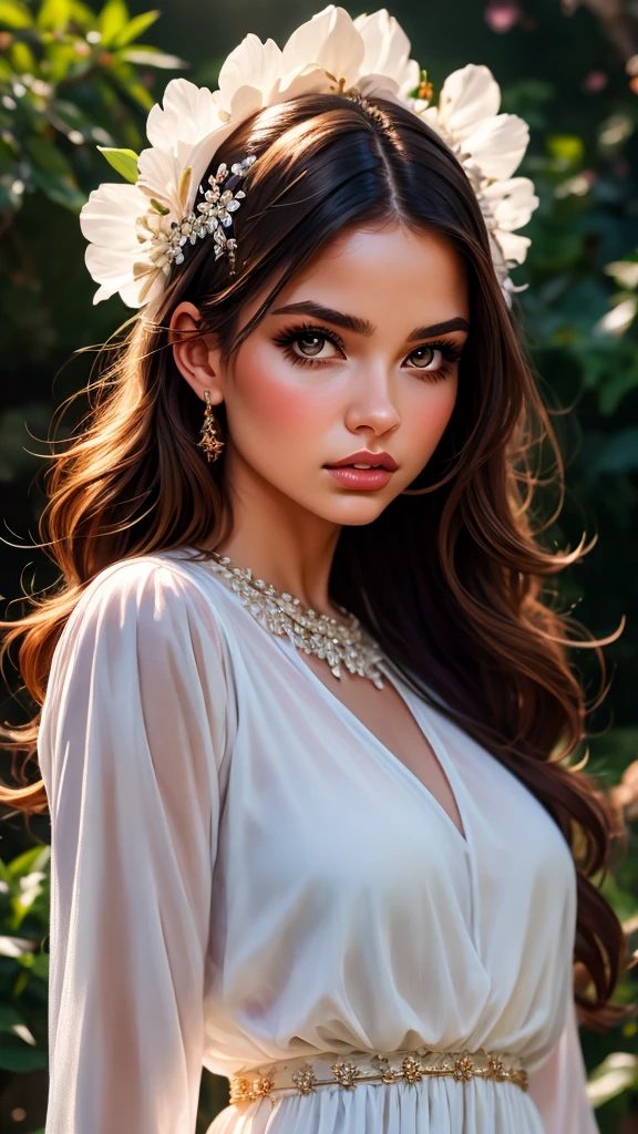 a beautiful young woman, detailed portrait, elegant expression, long flowing hair, intricate detailed face, large expressive eyes, delicate features, pale skin, beautiful detailed lips, serene expression, floral headpiece, flowing white dress, petals swirling around, lush garden background, vibrant colors, warm lighting, cinematic composition, photorealistic, hyperrealistic, 8k, high resolution