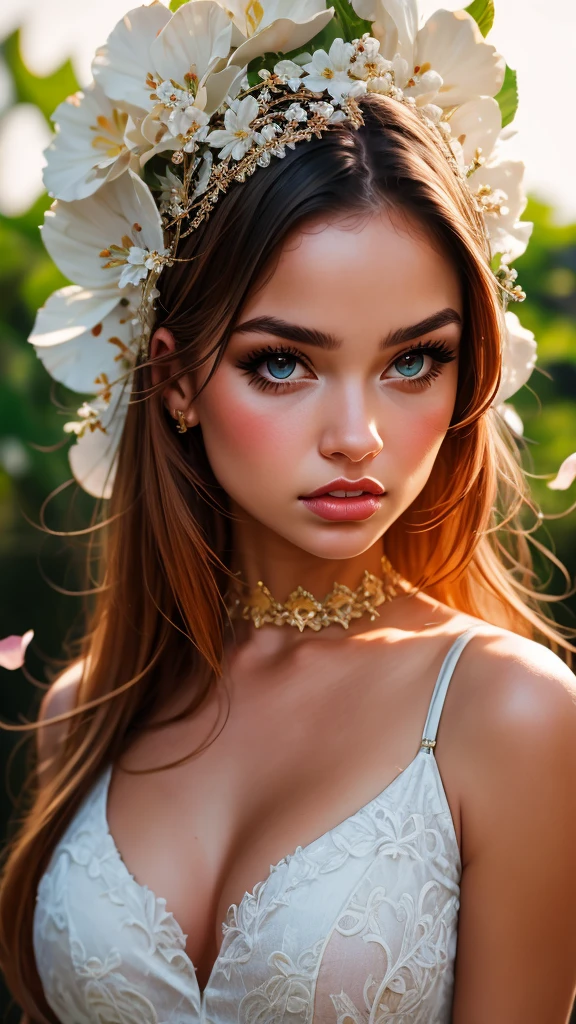 a beautiful young woman, detailed portrait, elegant expression, long flowing hair, intricate detailed face, large expressive eyes, delicate features, pale skin, beautiful detailed lips, serene expression, floral headpiece, flowing white dress, petals swirling around, lush garden background, vibrant colors, warm lighting, cinematic composition, photorealistic, hyperrealistic, 8k, high resolution