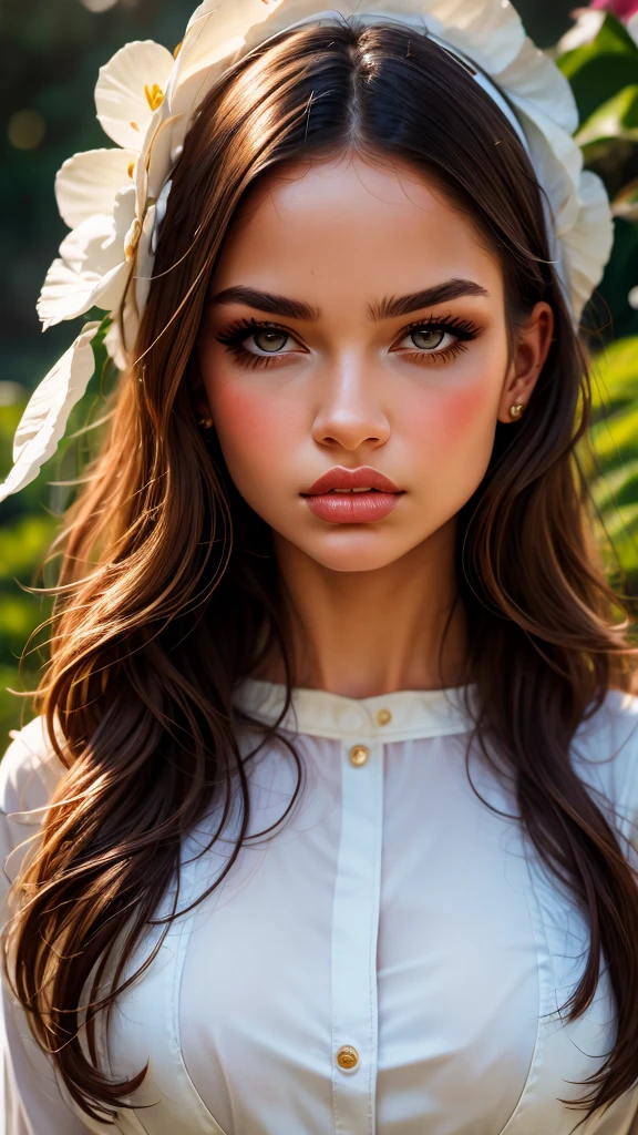 a beautiful young woman, detailed portrait, elegant expression, long flowing hair, intricate detailed face, large expressive eyes, delicate features, pale skin, beautiful detailed lips, serene expression, floral headpiece, flowing white dress, petals swirling around, lush garden background, vibrant colors, warm lighting, cinematic composition, photorealistic, hyperrealistic, 8k, high resolution