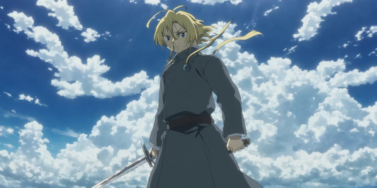anime character holding a sword in front of a cloudy sky, today's featured anime still, in the anime film, screenshot from the anime film, screenshot from a 2012s anime, anime movie screenshot, anime still, still from anime, anime still image, fullmetal alchemist brotherhood, anime still frame, an epic anime of tuff luck, anime screencap