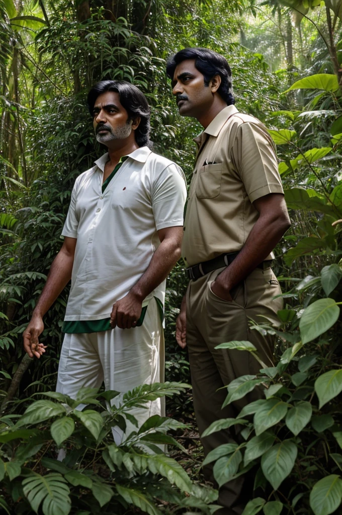 Ramesh and Raju at the edge of a dense forest with tall trees and thick foliage, looking determined.""Close-up of Ramesh pointing towards a bush, looking curious, while Raju looks skeptical."