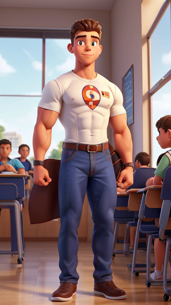A handsome, well-muscled 14-year-old teenager on steroids, with a waist measuring 45 centimeters in circumference, super extremely narrow, extremely thin waist, happy in the classroom, tight uniform 
