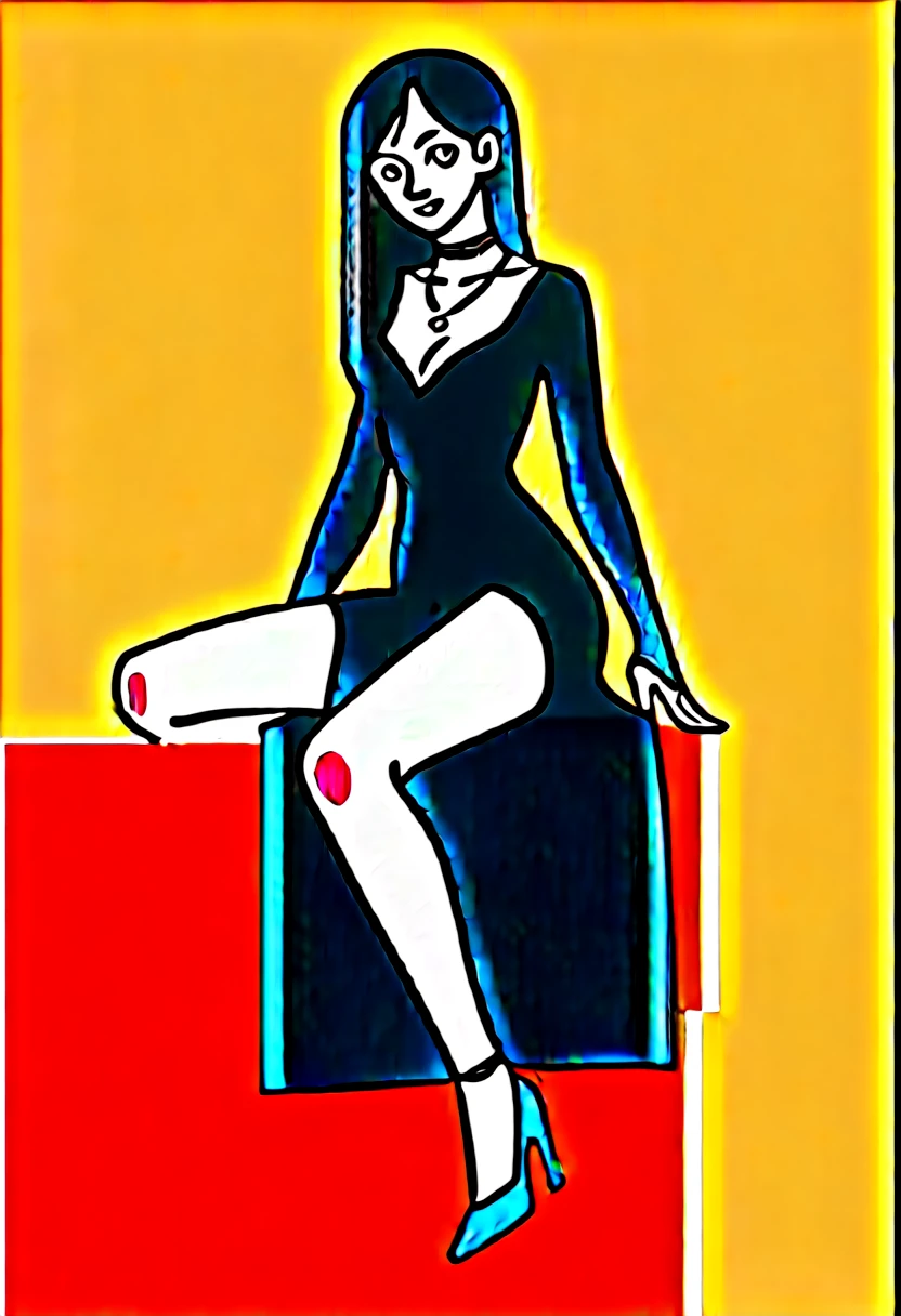 Realistic manhwa poster in minimalist oil painting. A girl, beautiful, Skinny body, long black hair with curls, violet eyes with golden sparkles, abundant eyelashes, long black nails, wear a wedding ring with a black diamond. Wear a black dress, wear high heels, wear gold jewelry with black diamonds, sitting on a couch
